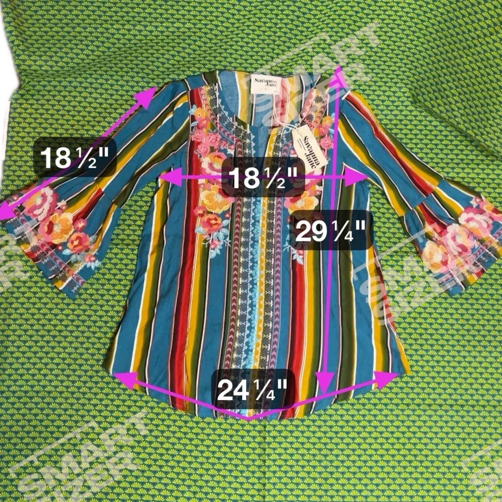 Savanna Jane Embroidered Blouse bell sleeves boho hippie turquoise colorful SZ S - Picture 10 of 11